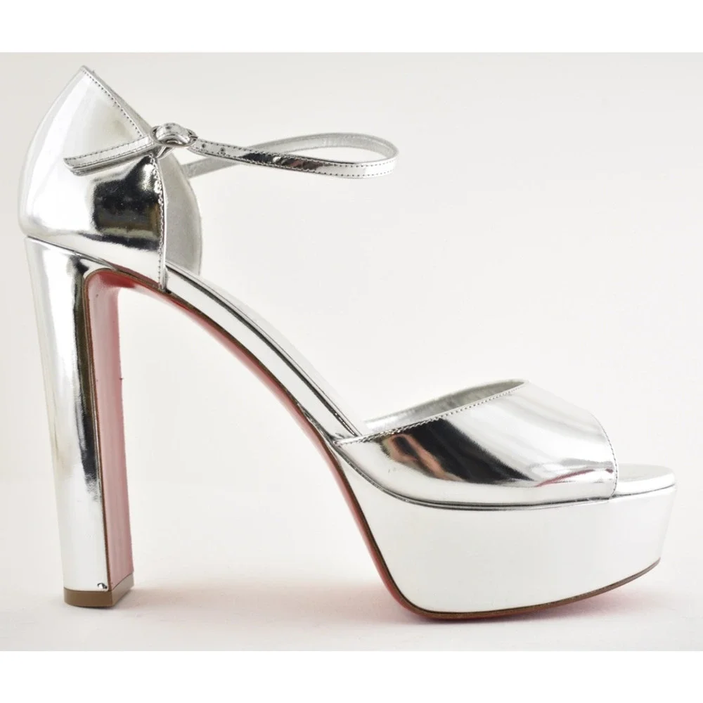 Christian Louboutin Sandaloo 130 Silver Strap Platform Block Heel Sandal Pump 40